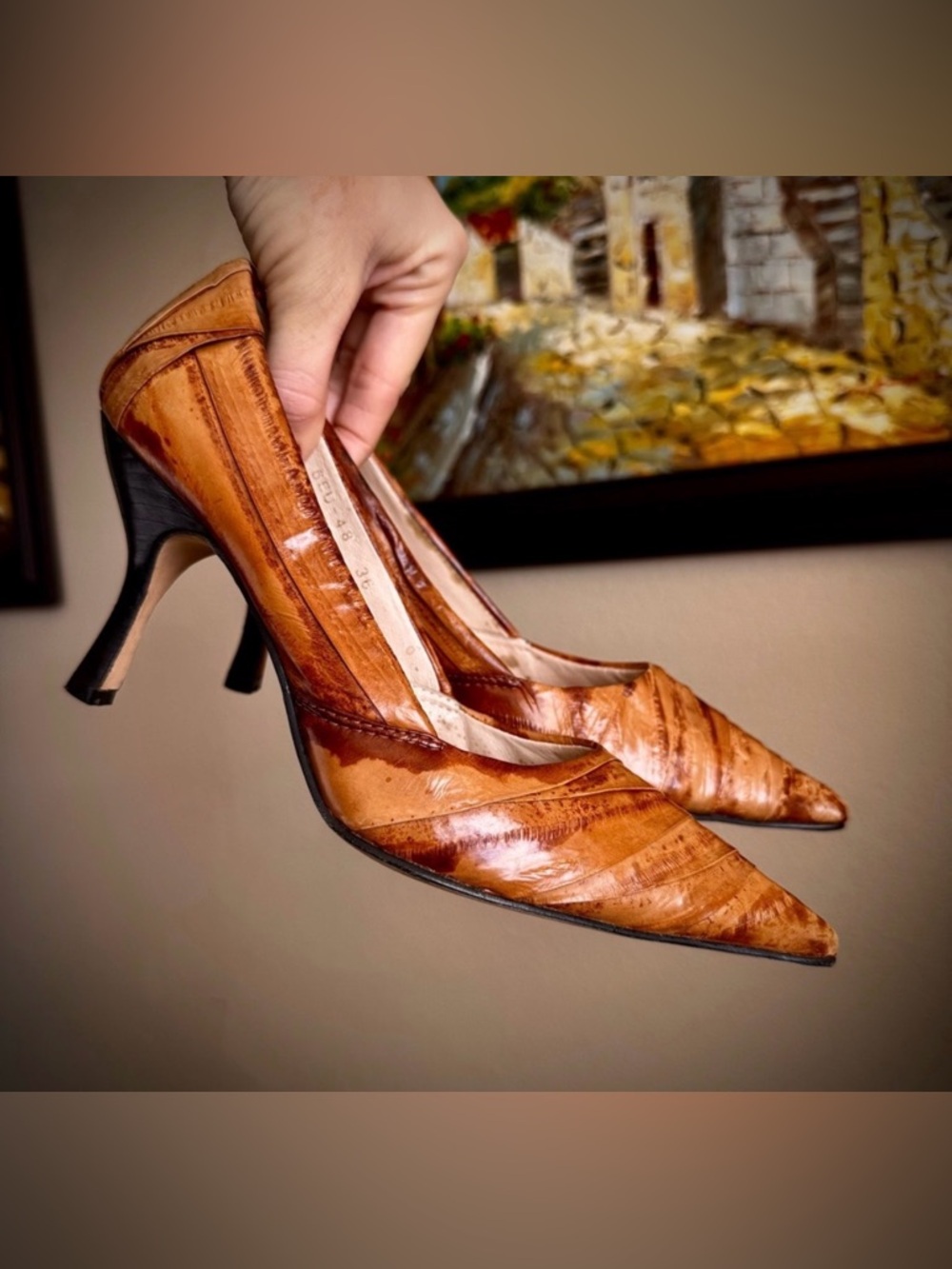 Paolo Iantorno Eel Skin Leather Heels Pointed Toe Brown 36